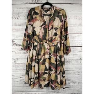 Torrid Dress Women's 2X Abstract Sheer Lined Keyhole Blouson Sleeve Pockets